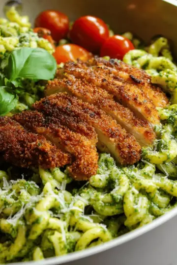 Pesto Pasta with Crispy Parmesan Chicken