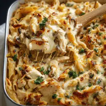 Creamy French onion chicken pasta bake