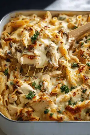 Creamy French onion chicken pasta bake