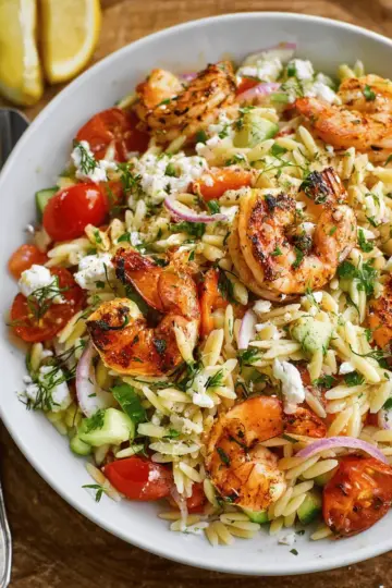 Greek Style Grilled Shrimp Orzo Pasta Salad