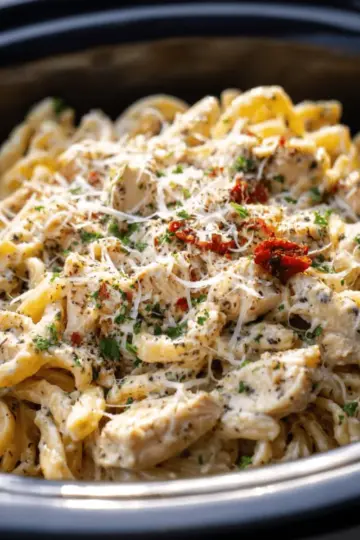 Crockpot Parmesan Garlic Chicken Pasta