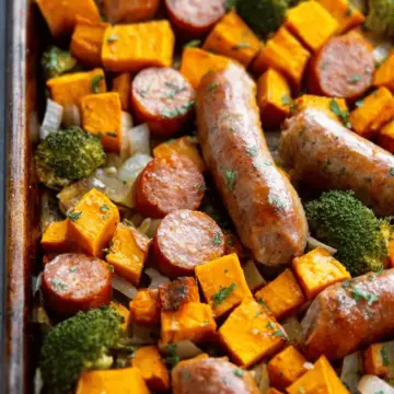 Sheet Pan Sausage and Sweet Potatoes with Honey Garlic Sauce