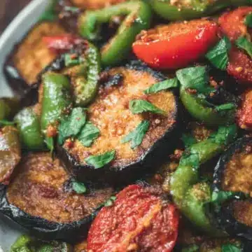 Vegan Fried Eggplant Recipe with Green Peppers and Tomatoes