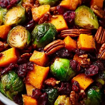 Roasted Brussels Sprouts and Cinnamon Butternut Squash with Pecans and Cranberries