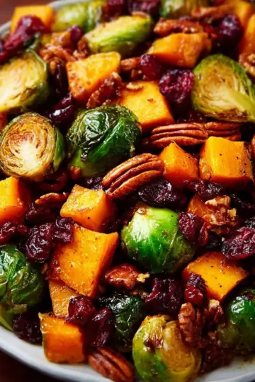 Roasted Brussels Sprouts and Cinnamon Butternut Squash with Pecans and Cranberries