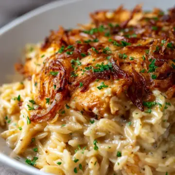 French Onion Chicken Orzo Casserole