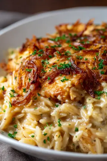 French Onion Chicken Orzo Casserole