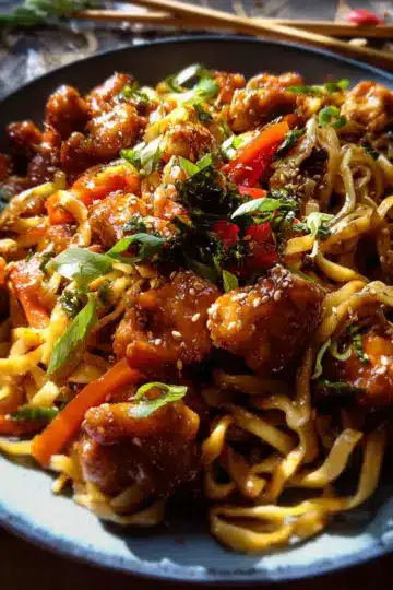 20 minute Crispy Garlic Chicken Noodles.