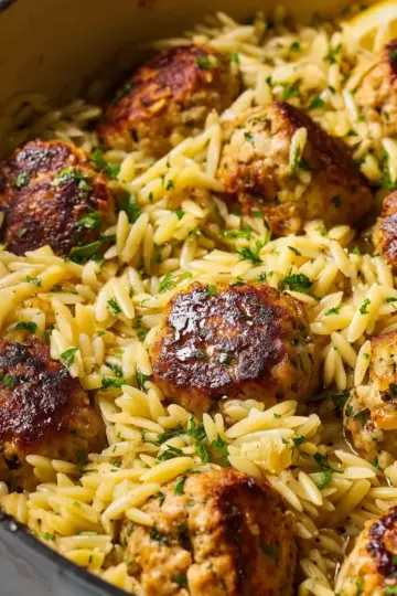 One-Pan Greek Chicken Meatballs and Lemon Orzo