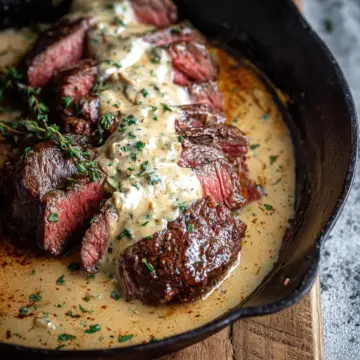Cast Iron Bavette Steak with Whiskey Garlic Cream Sauce