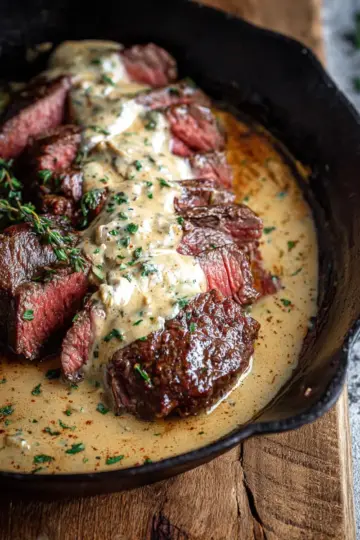 Cast Iron Bavette Steak with Whiskey Garlic Cream Sauce