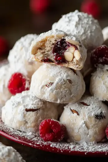 Raspberry Almond Snowball Cookies