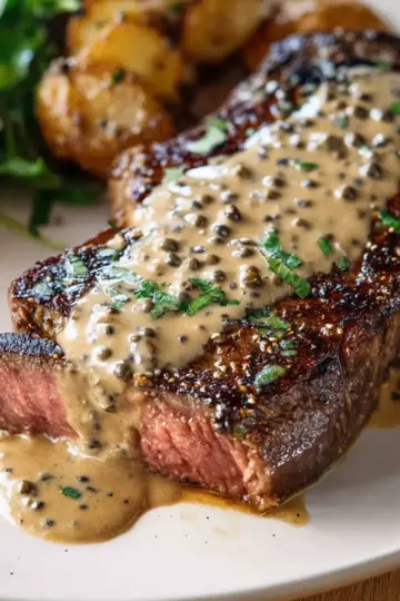 Steak with Creamy Peppercorn Sauce