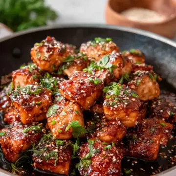Crispy, Saucy Honey Garlic Salmon Bites in a Skillet