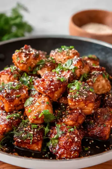 Crispy, Saucy Honey Garlic Salmon Bites in a Skillet