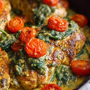 Creamy Pesto Chicken with Roasted Tomatoes & Spinach
