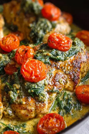 Creamy Pesto Chicken with Roasted Tomatoes & Spinach