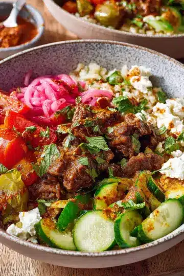 Mediterranean Beef Bowls with Harissa Oil