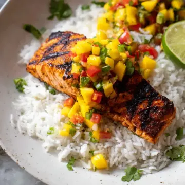 Grilled Salmon with Mango Salsa & Coconut Rice.