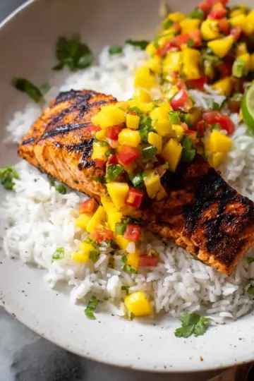 Grilled Salmon with Mango Salsa & Coconut Rice.
