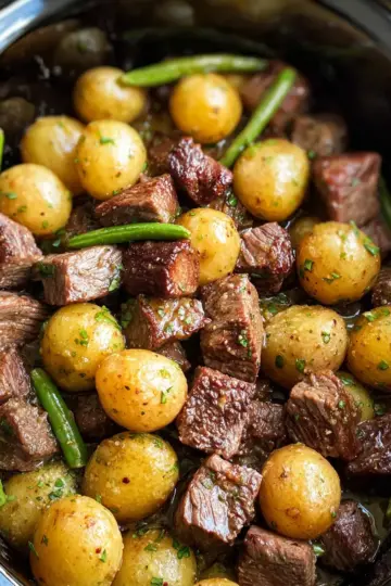 Slow Cooker Garlic Butter Beef Bites and Potatoes
