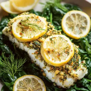 Oven Baked Cod with Lemon and Dill on Spinach