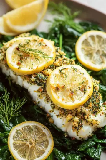 Oven Baked Cod with Lemon and Dill on Spinach