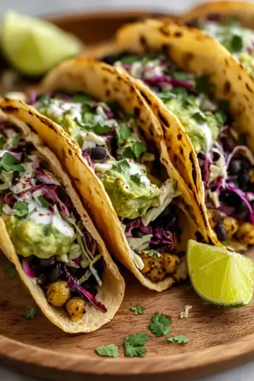 Chickpea Black Bean Tacos with Creamy Avocado Slaw