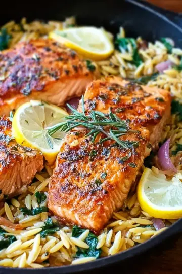 One Skillet Salmon with Lemon Orzo Easy Recipe