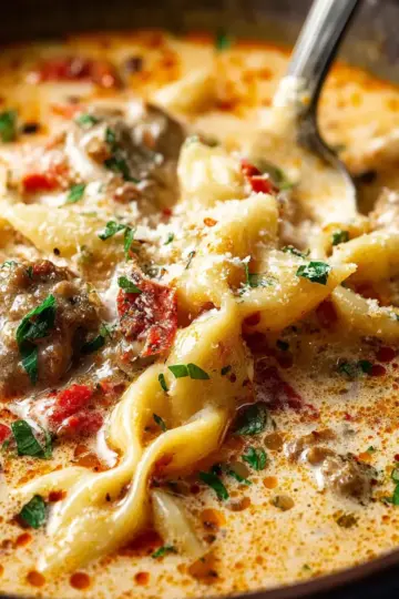 Creamy Italian Sausage Pasta Soup with Red Pepper Flakes