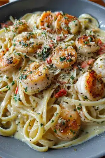 Creamy Garlic White Wine Seafood Pasta