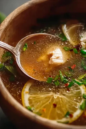Scallion Ginger Chicken Bone Broth with Garlic and Lemon